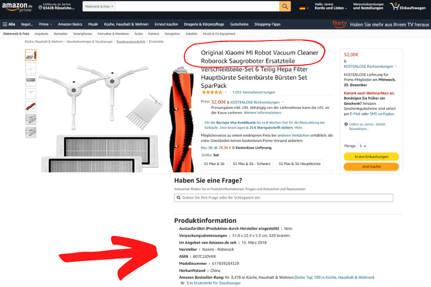Eine Produktbeschreibung von originalen Ersatzteilen für Roborock Saugroboter ist auf Amazon zu sehen